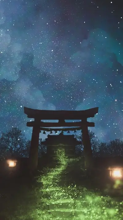 Torii gate under starry night sky with green glowing path