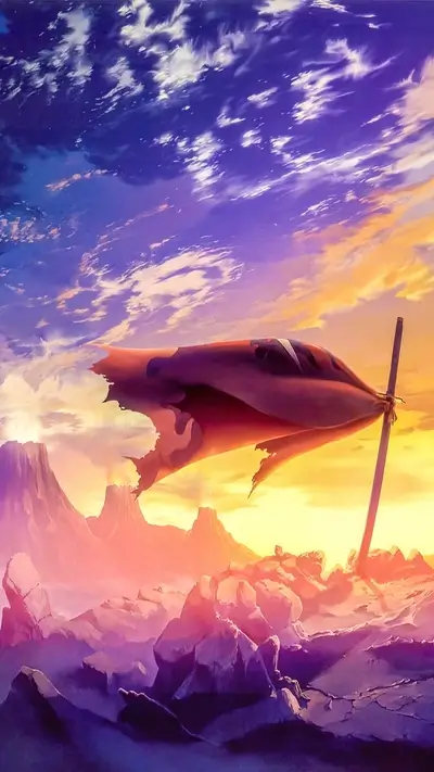 Torn flag atop a sword in arid landscape, with a surreal sunset