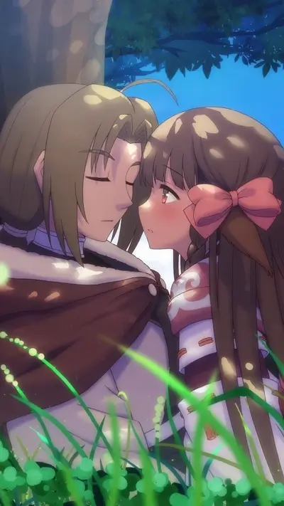 Touching forehead, brown haired anime girl in pink bow
