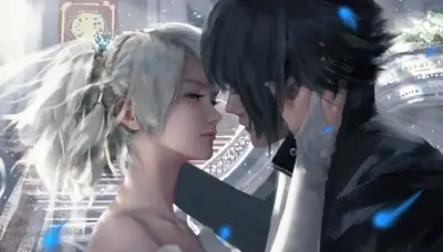 Touching foreheads, tender moment between a couple with blue accents