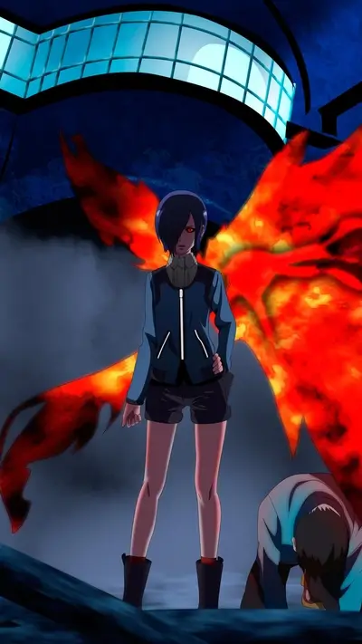 Touka Kirishima in Tokyo Ghoul scene with a fiery kagune