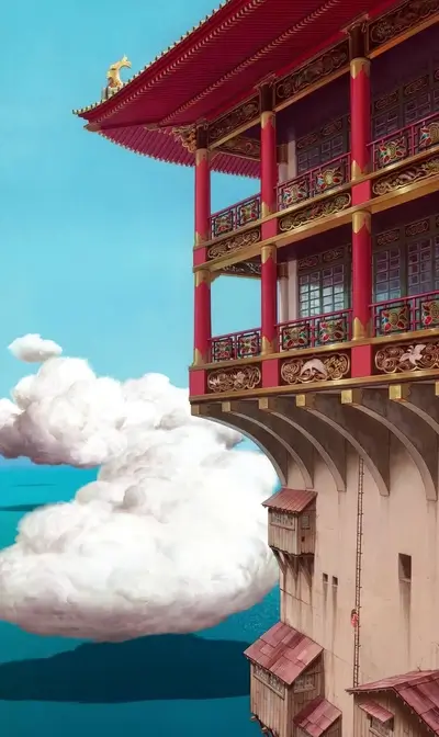 Towering building with traditional East Asian architecture, clouds and sky