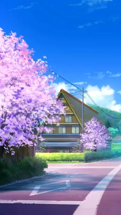 Traditional A-frame house in countryside with pink cherry blossoms, under clear blue sky.