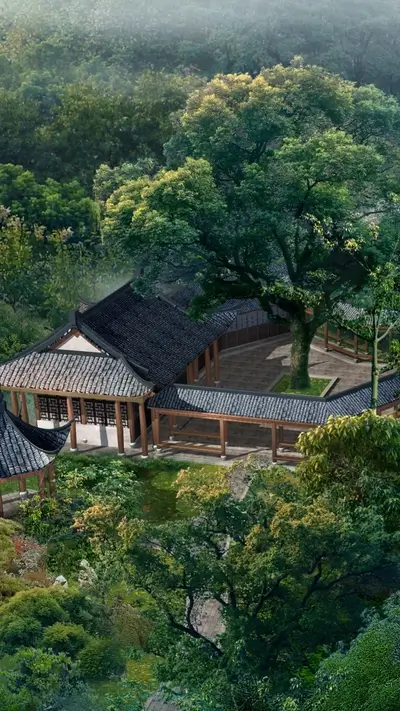 Traditional Chinese architecture nestled in a lush forest