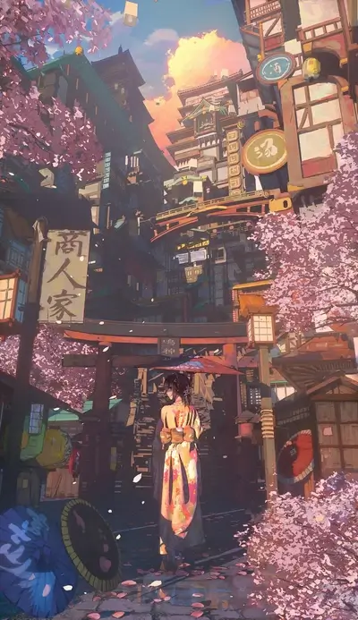Traditional Japanese architecture with cherry blossoms and a person in a kimono