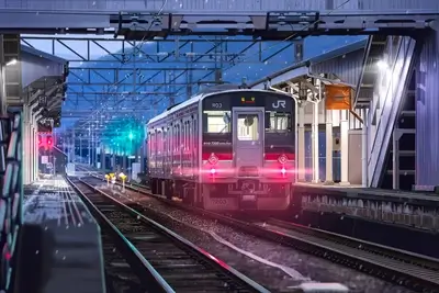 Train arriving at a station during snowfall