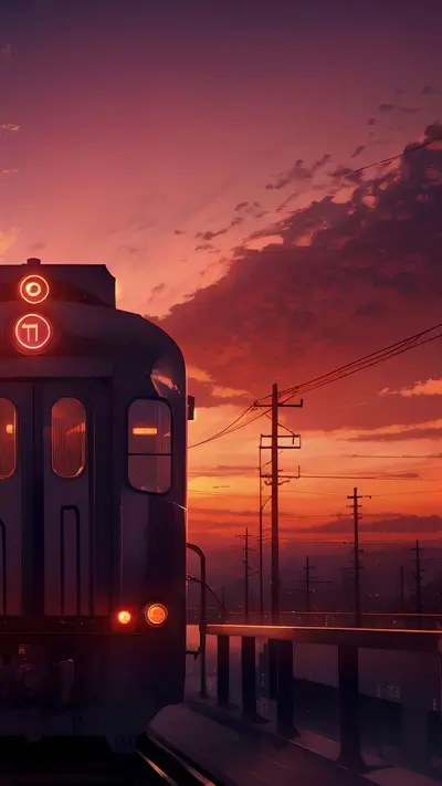 Train departing during sunset