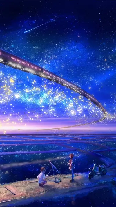 Train in the starry night sky, two figures observe
