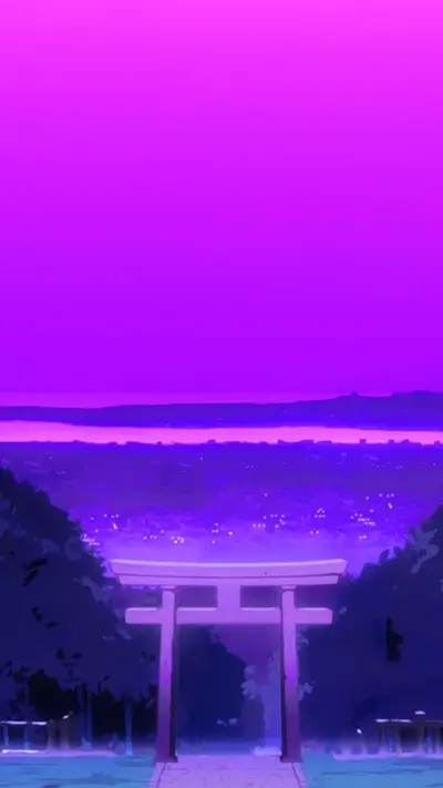 Tranquil Japanese scene with torii gate overlooking city lights at dusk.