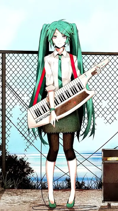 Turquoise-haired female character standing with keytar, fence in background