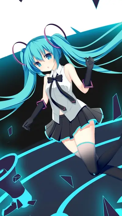 Turquoise-haired girl with black dress and futuristic accessories