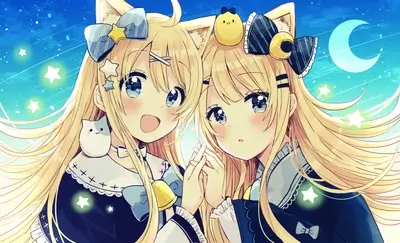 Twin girls with cat ears and long blonde hair