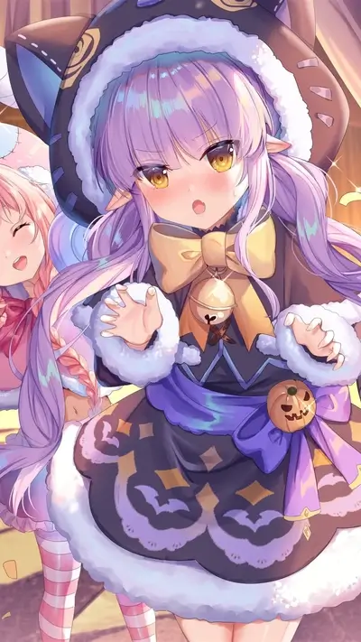 Two adorable anime girls in Halloween costumes, looking excited and cheerful