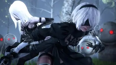 Two android girls in a dark forest