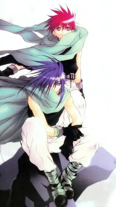 Two anime boys with flowing scarves