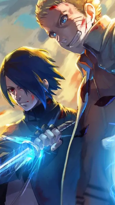 Two anime characters clashing with glowing swords
