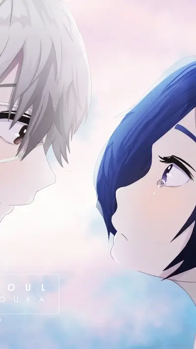Two anime characters facing each other, soft pastel background