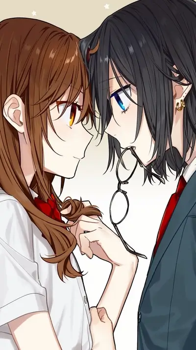 Two anime characters, girl and boy, hand in hand, glasses.
