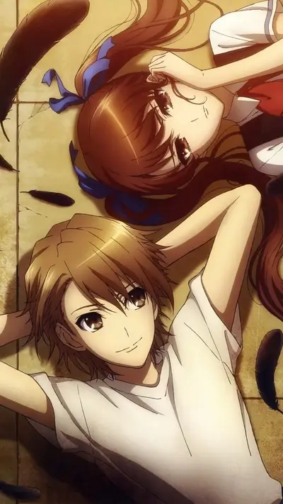 Two anime characters lying down, surrounded by feathers