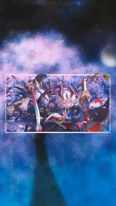 Two anime characters, one wielding a katana, amidst falling cherry blossom petals.