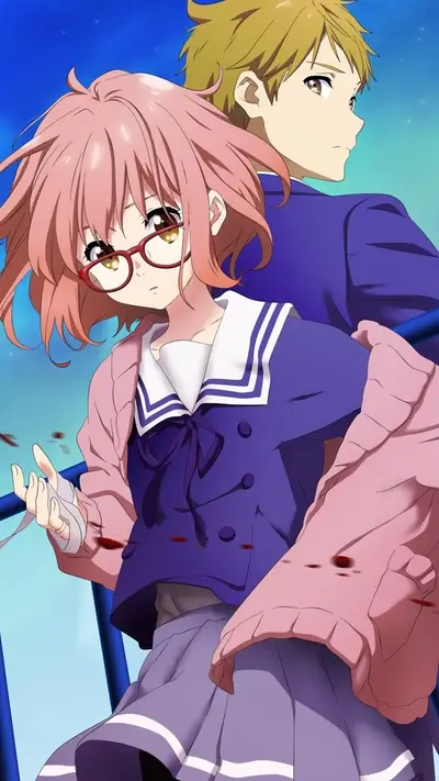 Two anime characters standing back to back against a blue sky