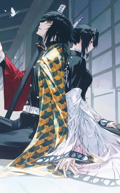 Two anime characters standing back to back, butterfly and unique clothing patterns visible