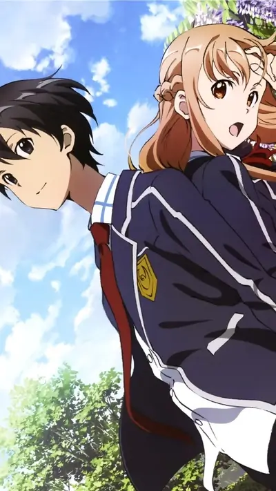 Two anime characters standing back to back in academy uniforms, sky background.