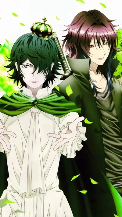 Two anime characters standing with a sword and crown