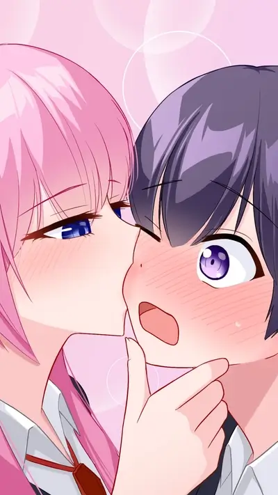 Two anime characters very close, one with pink hair.
