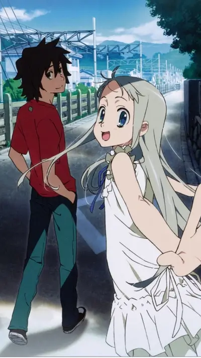 Two anime characters walking down a street