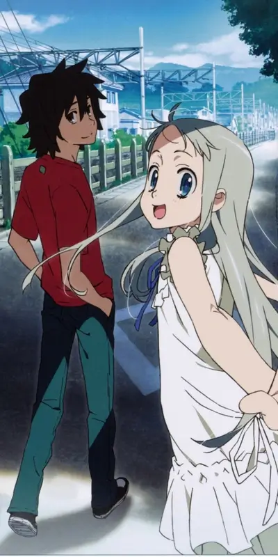 Two anime characters walking down a street