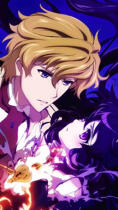 Two anime characters with a key, holding each other tenderly