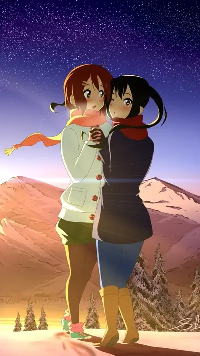 Two anime girls embrace, winter scene with snow-covered mountains and starry night sky