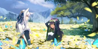 Two anime girls enjoy nature's beauty, surrounded by flowers and butterflies