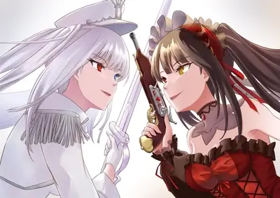Two anime girls face off, one in white and one in red and black