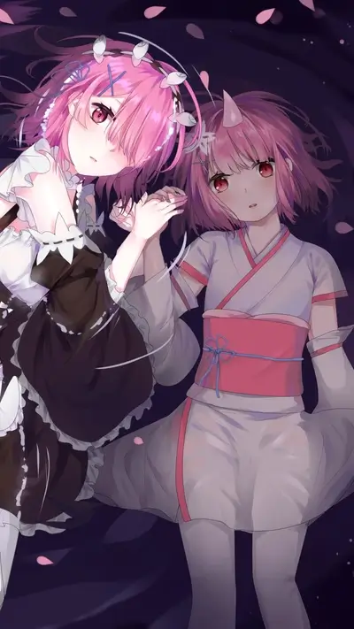 Two anime girls hand in hand, one in a maid outfit, other in kimono