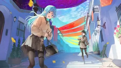 Two anime girls in colorful urban setting, adorned with festive decorations