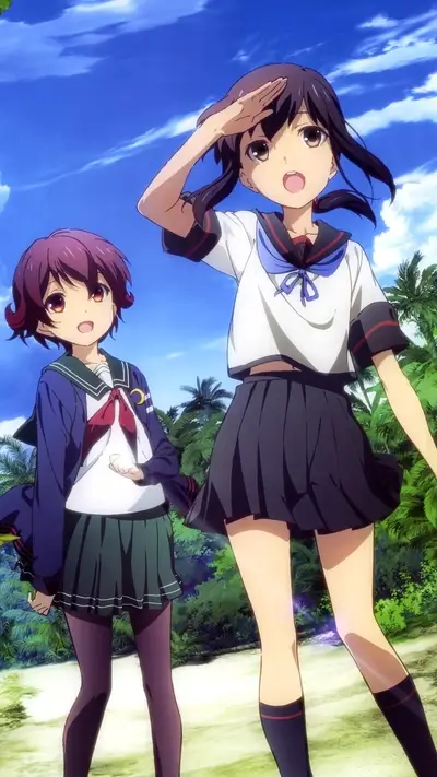 Two anime girls in sailor outfits amidst a sunny, tropical scenery