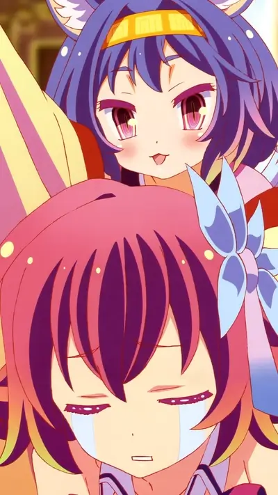 Two anime girls, one crying, one cheerful, contrasting emotions