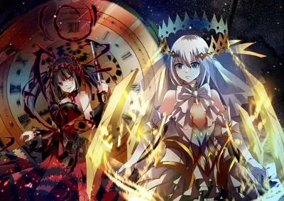 Two anime girls, one in red, one in white and gold, in a clock background