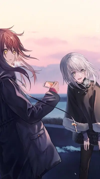Two anime girls standing by the ocean at dusk