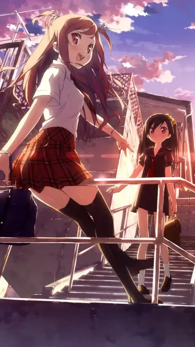 Two anime girls standing on outdoor staircase in a school setting