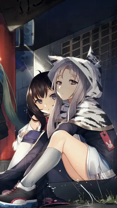 Two anime girls together, wearing hooded jacket, on rainy day