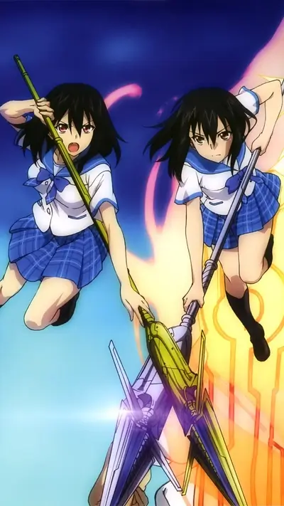 Two anime girls with black hair holding spears in dynamic poses