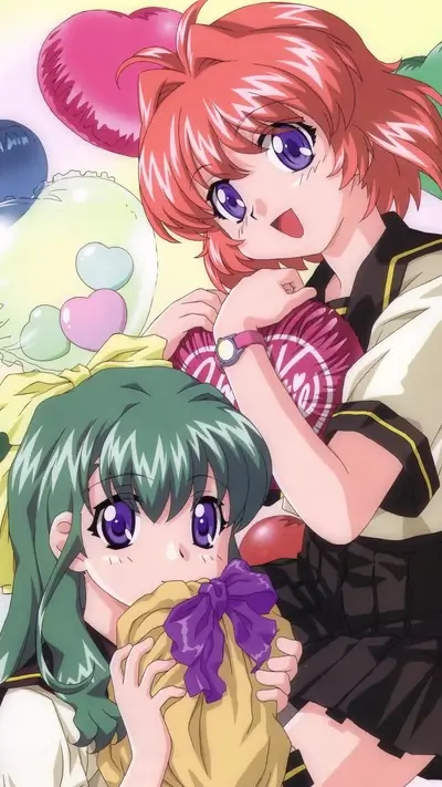 Two anime girls with colorful hair holding gifts.