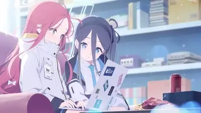 Two anime girls working together on laptop