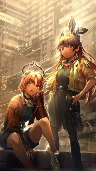 Two anime-style girls posing against a city backdrop