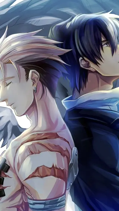 Two anime style men standing back to back, one with wings and scars