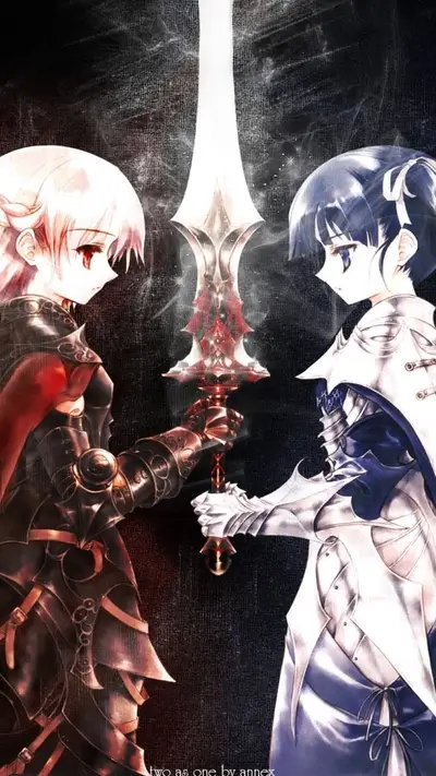 Two armored figures holding a sword between them, striking color contrast