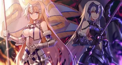 Two armored women with swords and flags, one light, one dark